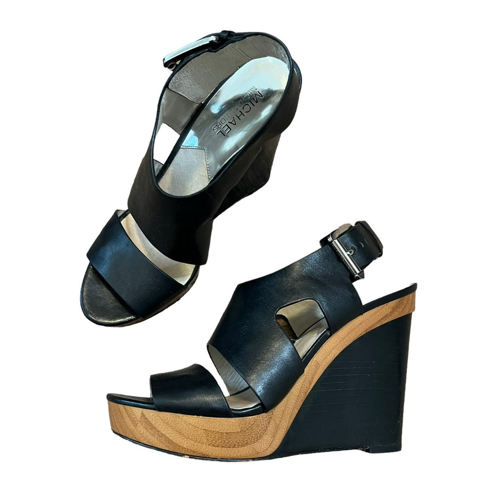 Michael Kors Shoes Black Brown Carla Platform Wedge Slip On Open Toe Sandal